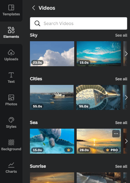 Upload your own videos or use the stock videos included with Canva
